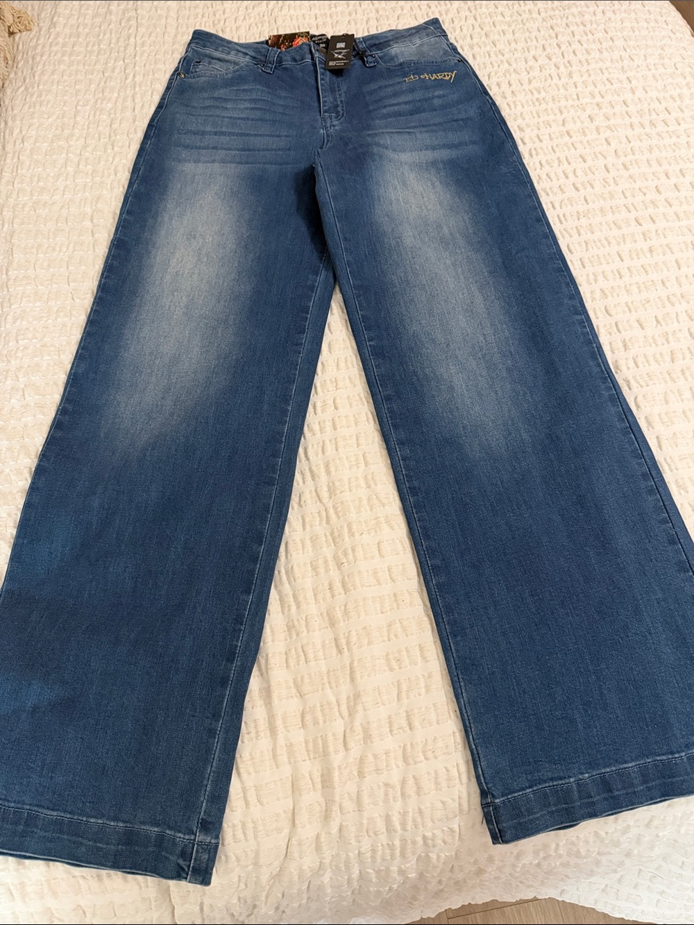 Ed Hardy Wide Leg High Rise Denim Jeans in Medium Blue